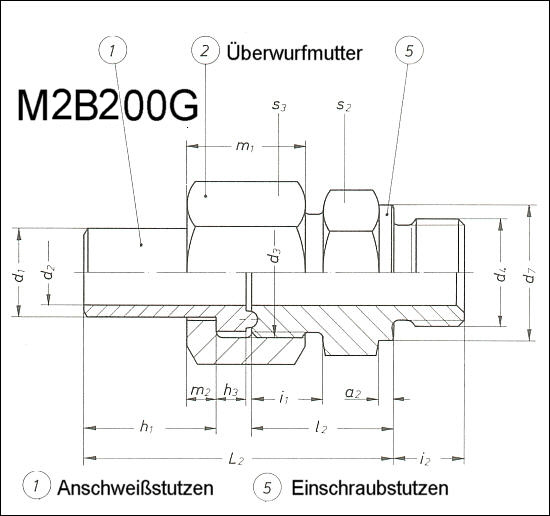 Abmessungen Einschraub-Anschwei-Rohrverschraubung M2B200G  PN200  DN3 bis DN50